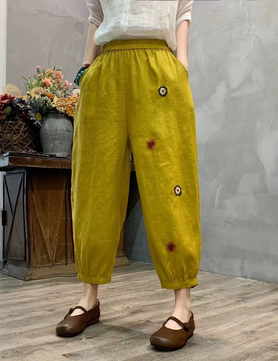 Summer Retro Linen Embroidered Elastic Waist Harem Pants