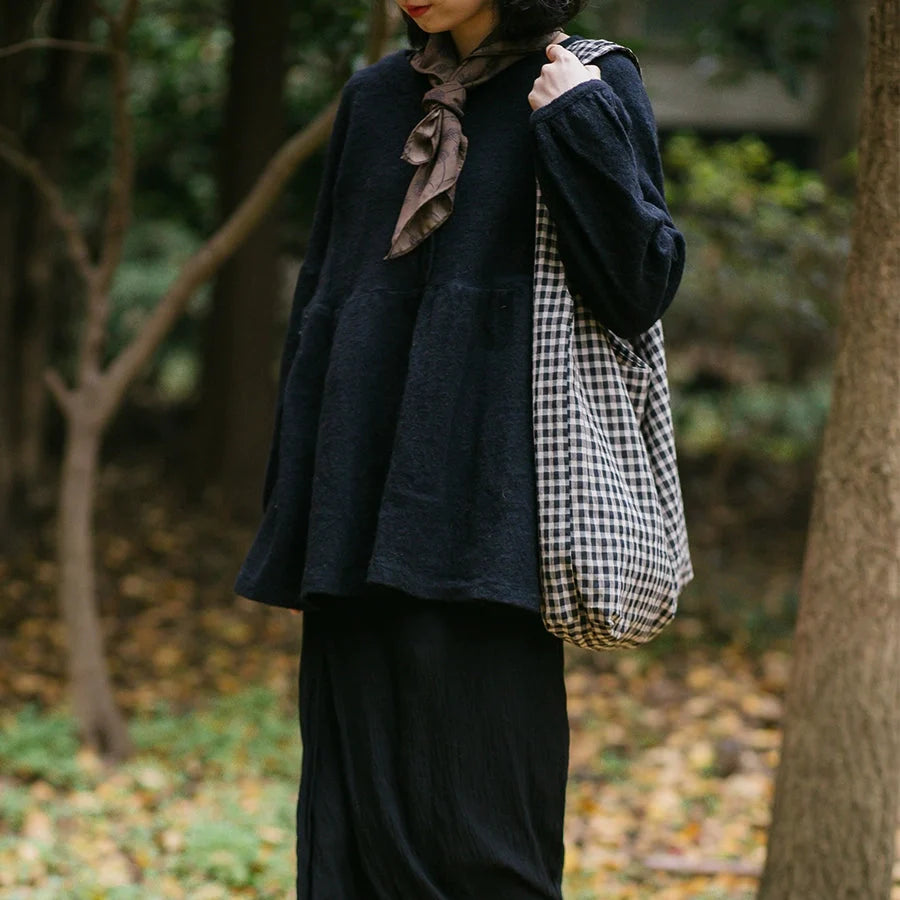 Babakud Handmade Cotton-Linen Plaid Artistic Vintage Tote Bag