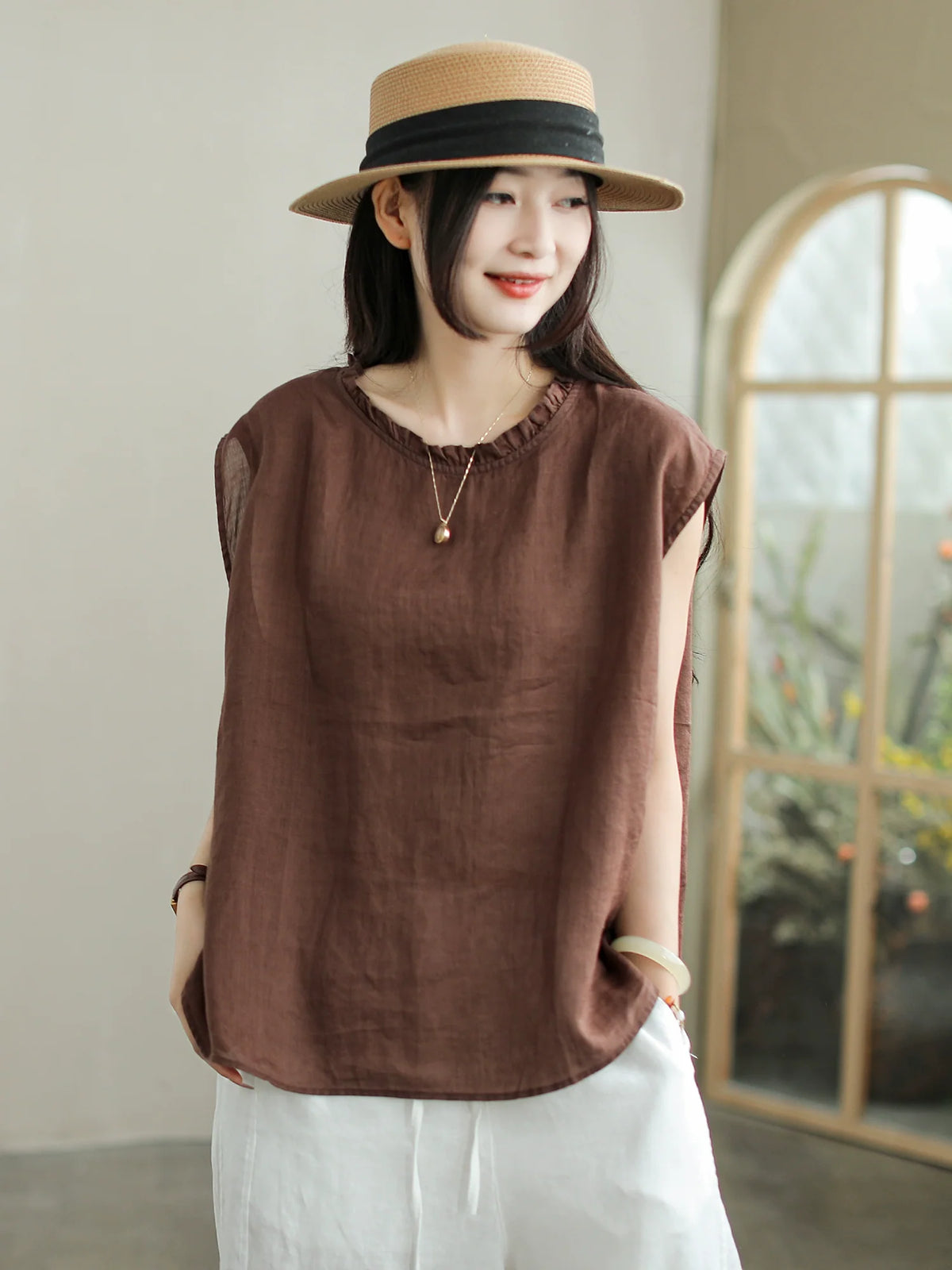 Babakud Summer Vintage Ramie Cool Round Neck Sleeveless Shirt