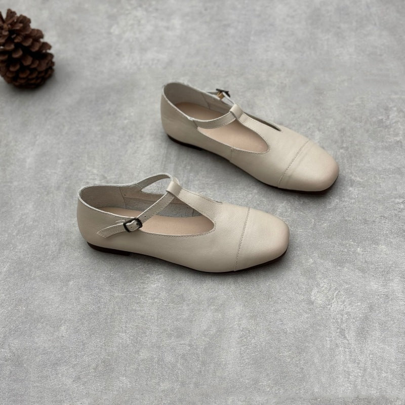 Women Retro Leather Soft Flat Sole One Straped Shoes