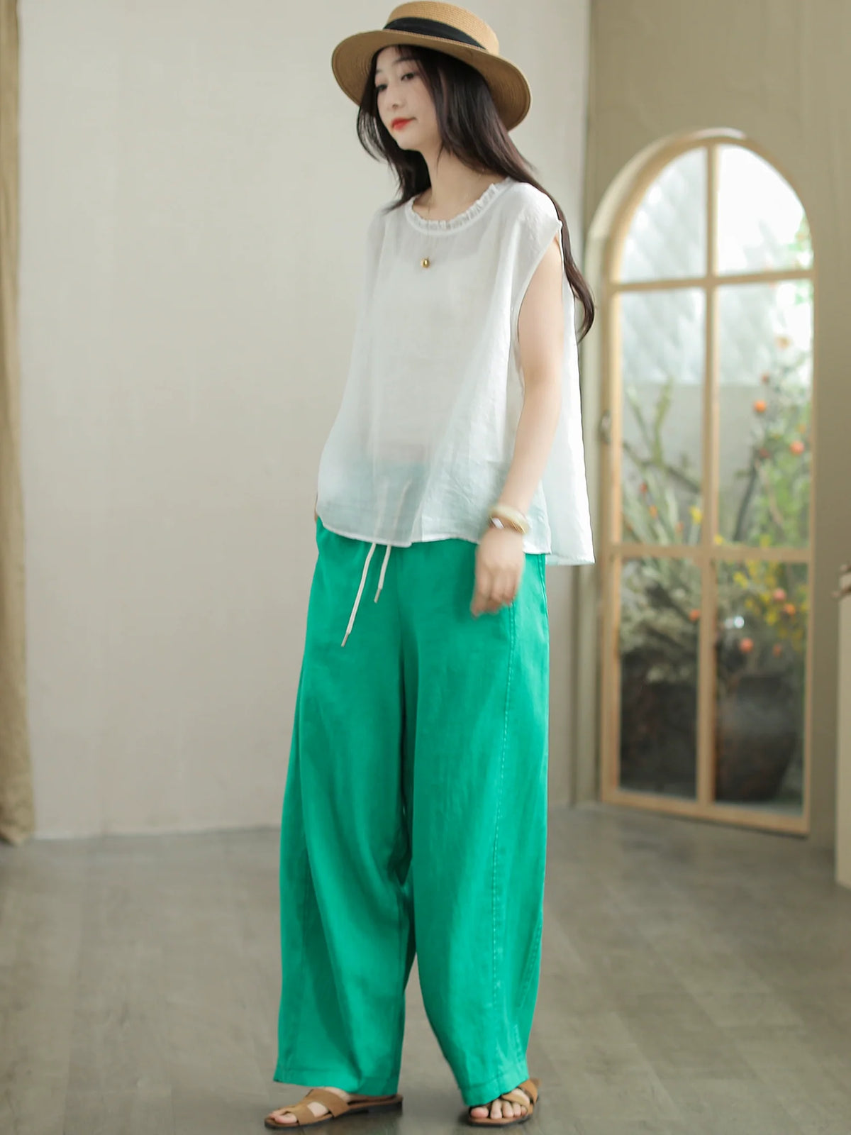 Babakud Summer Vintage Ramie Cool Round Neck Sleeveless Shirt