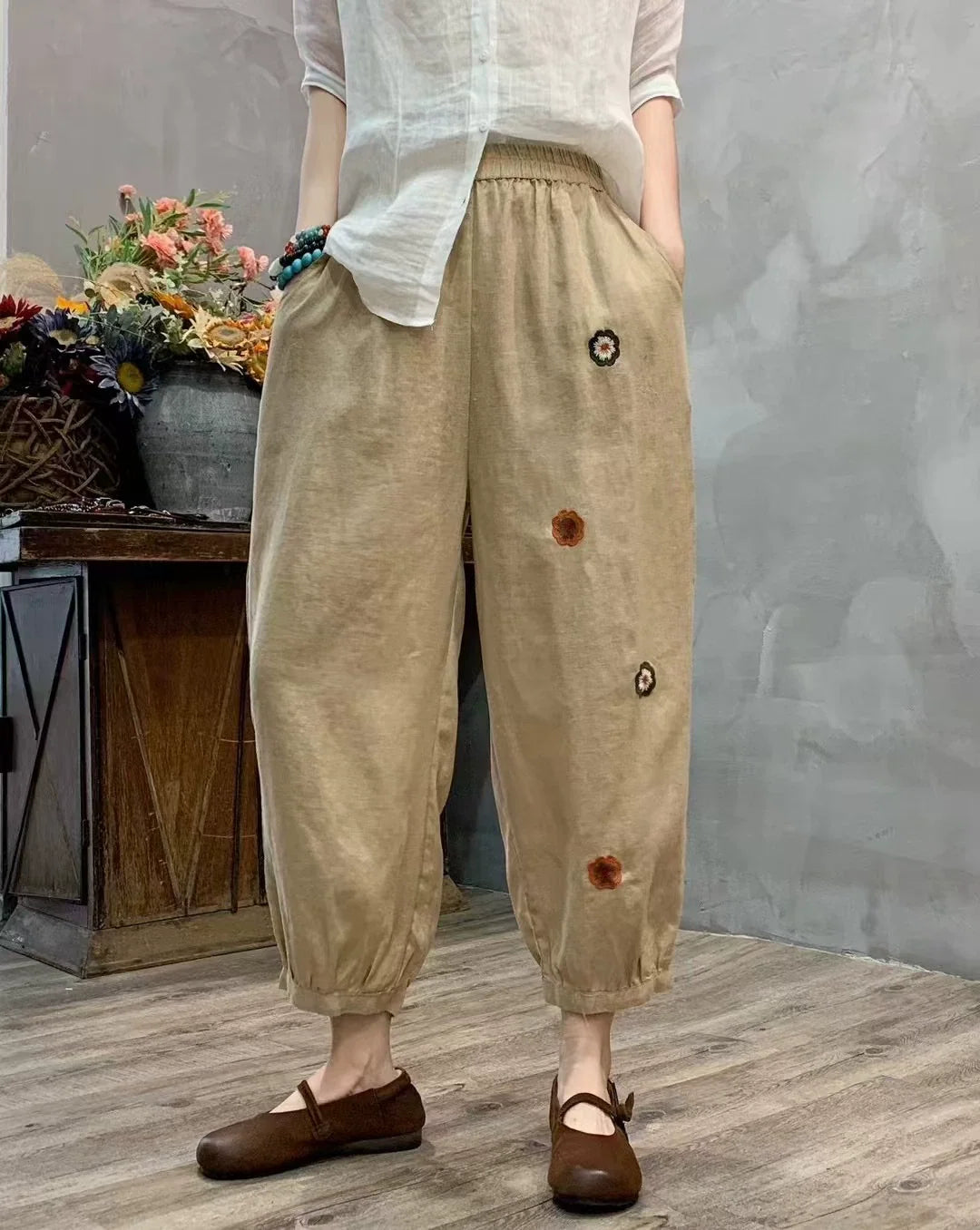 Summer Retro Linen Embroidered Elastic Waist Harem Pants