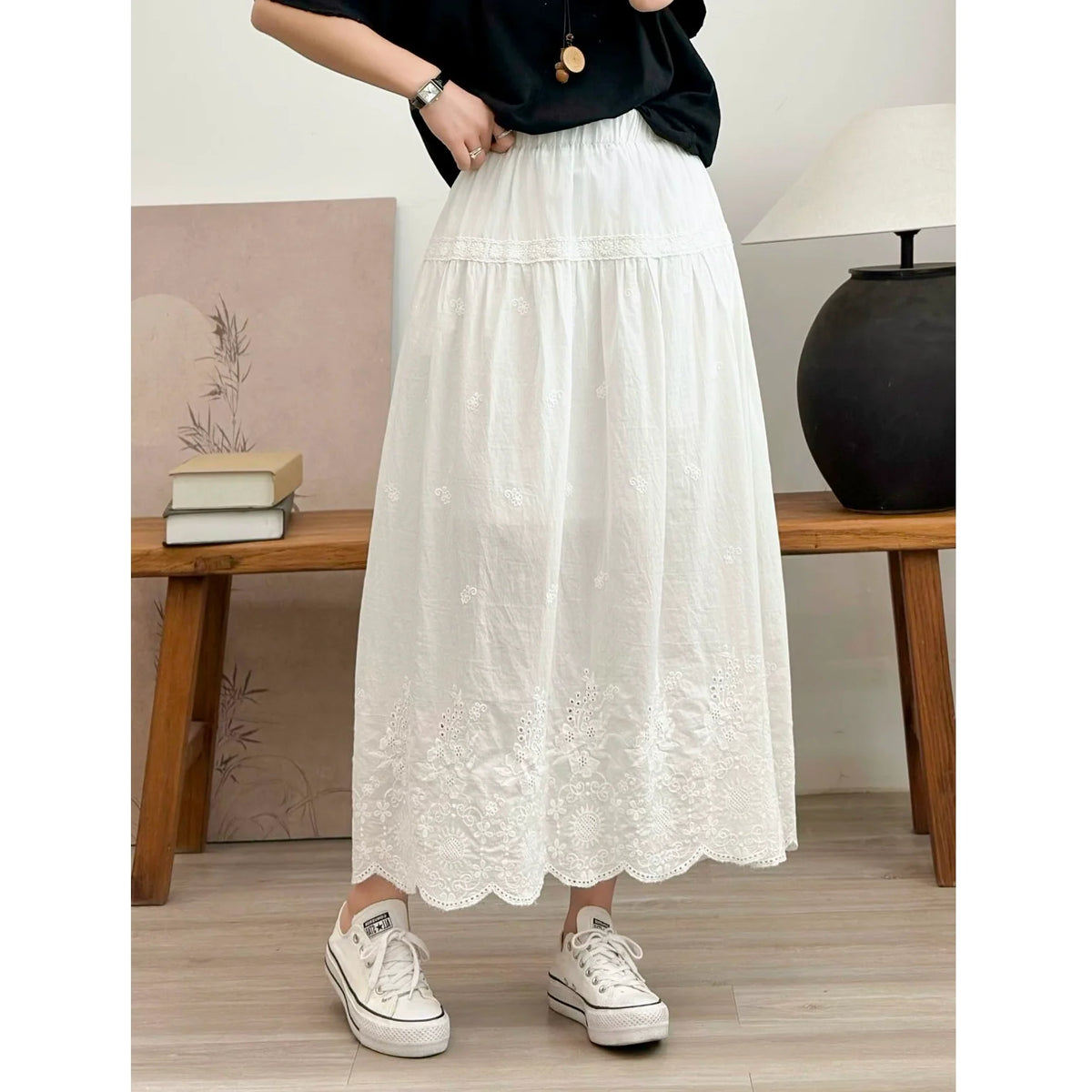 Spring Cotton Vintage Embroidered Lace High Elastic Waist Skirt