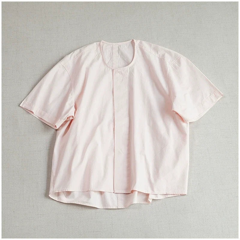Women Cotton Fashionable Round Neck Loose Hidden Button Shirt