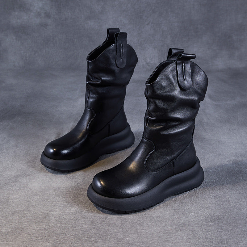 Babakud Autumn Top Leather Casual Round Toe Mid-Calf Boots