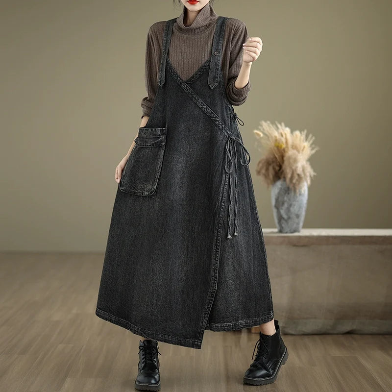 Women Spring Retro Loose Denim Pinafore Dress with Big Pockets