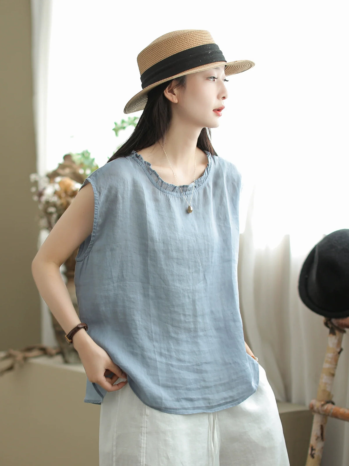 Babakud Summer Vintage Ramie Cool Round Neck Sleeveless Shirt