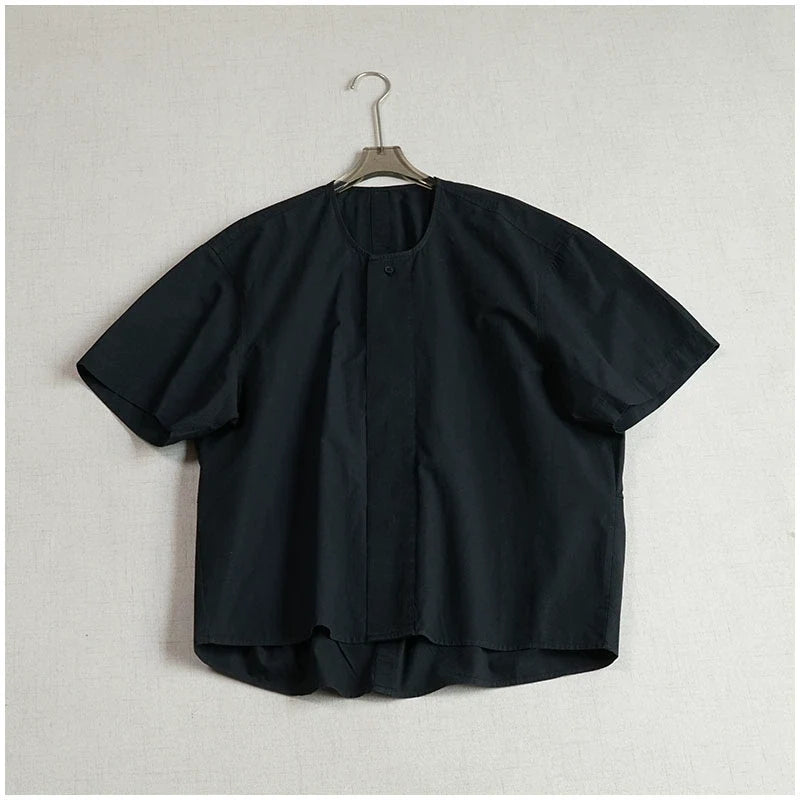 Women Cotton Fashionable Round Neck Loose Hidden Button Shirt