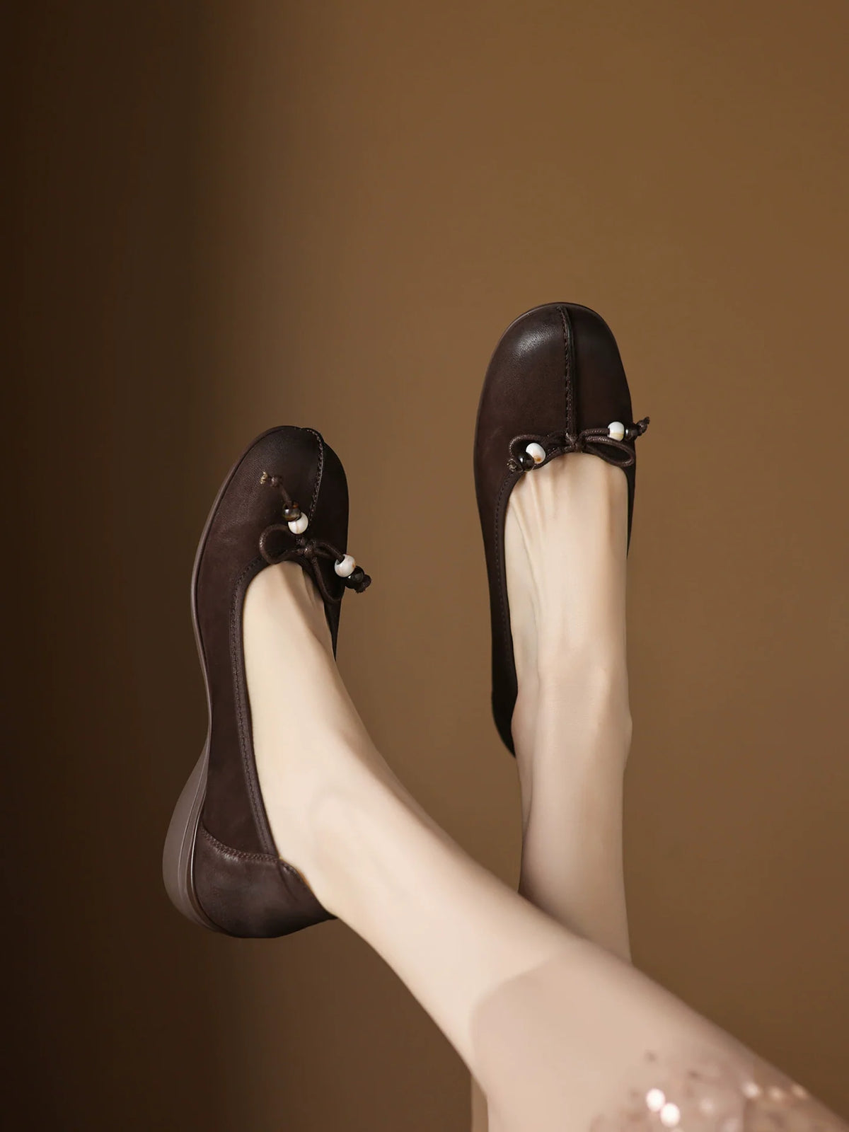 Elegant Sheepskin Leather Round Toe Shallow Bow Shoes