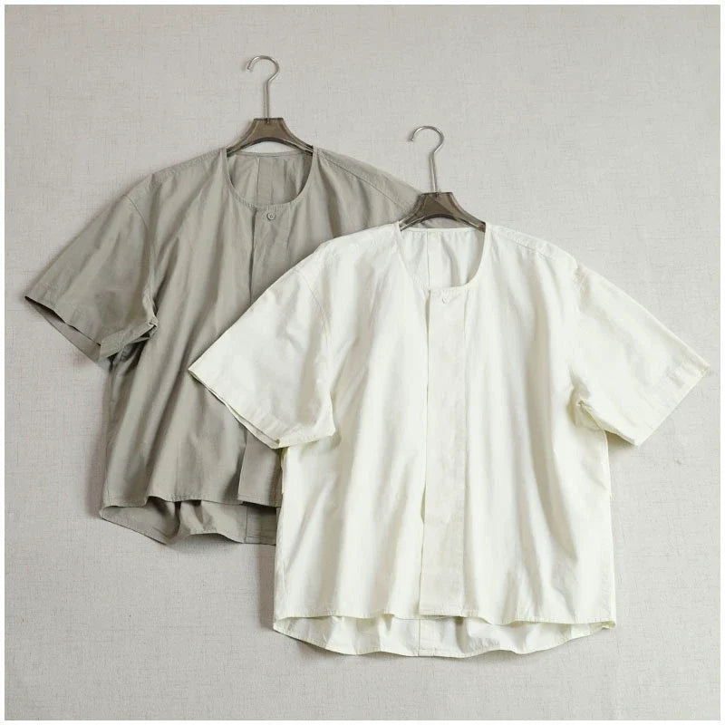 Women Cotton Fashionable Round Neck Loose Hidden Button Shirt