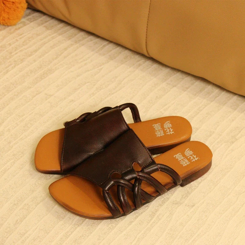 Women Retro Leather Open Toe Casual Cut Out Chunky Slippers