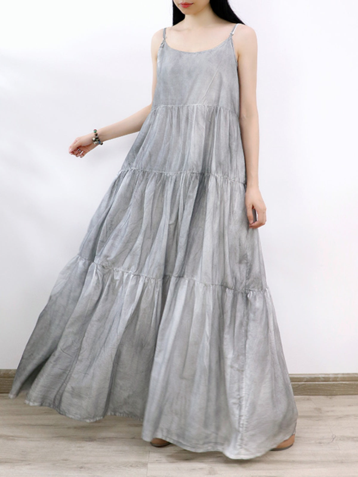 Babakud Summer Gray Tie-Dye Spaghetti Strap Wide Hemline Dress