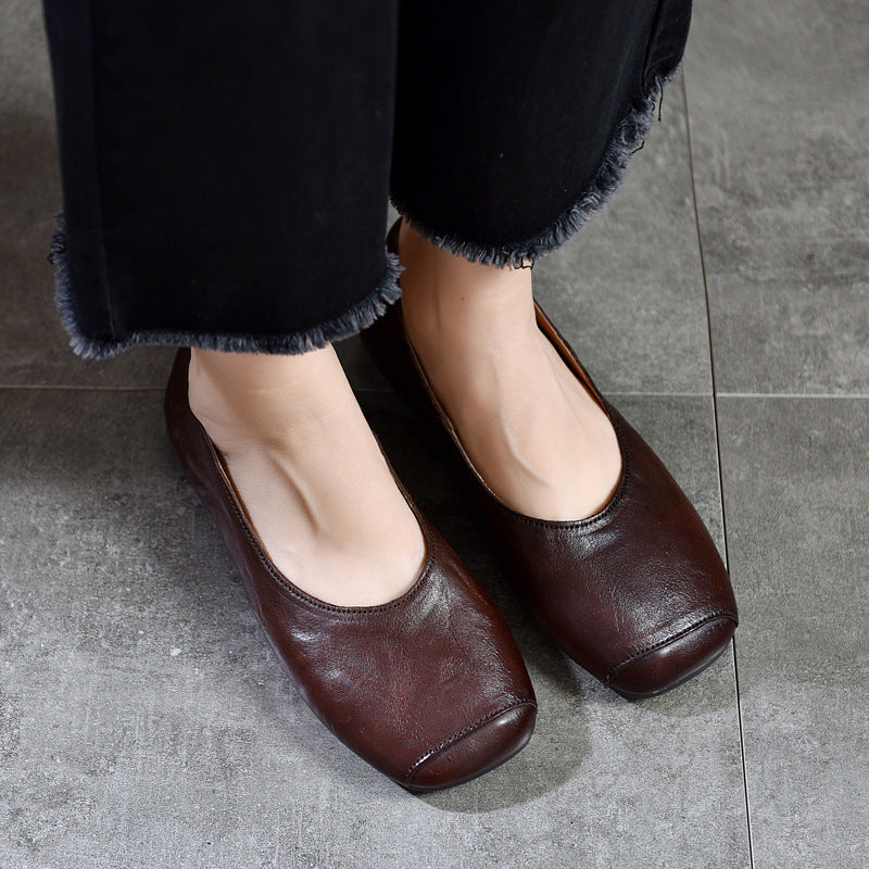 Women Retro Comfortable Square Toe Cowhide Flat Shoes Loafers