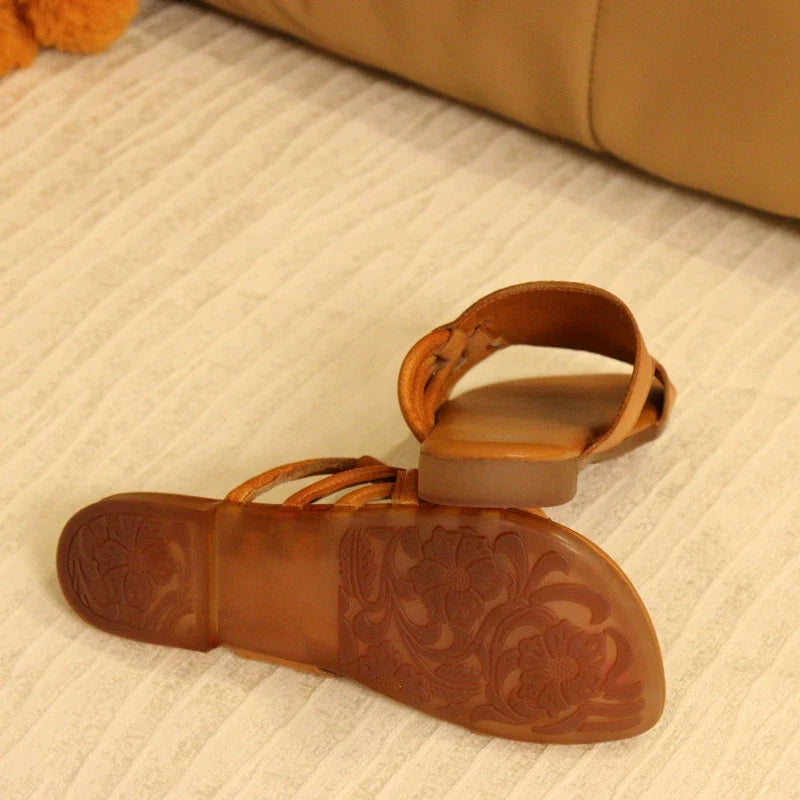Women Retro Leather Open Toe Casual Cut Out Chunky Slippers