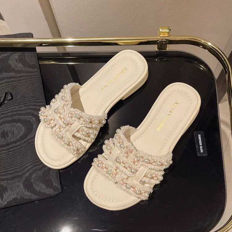 Women Summer Elegant PU Pearl Soft Sole Open Toe Shoes