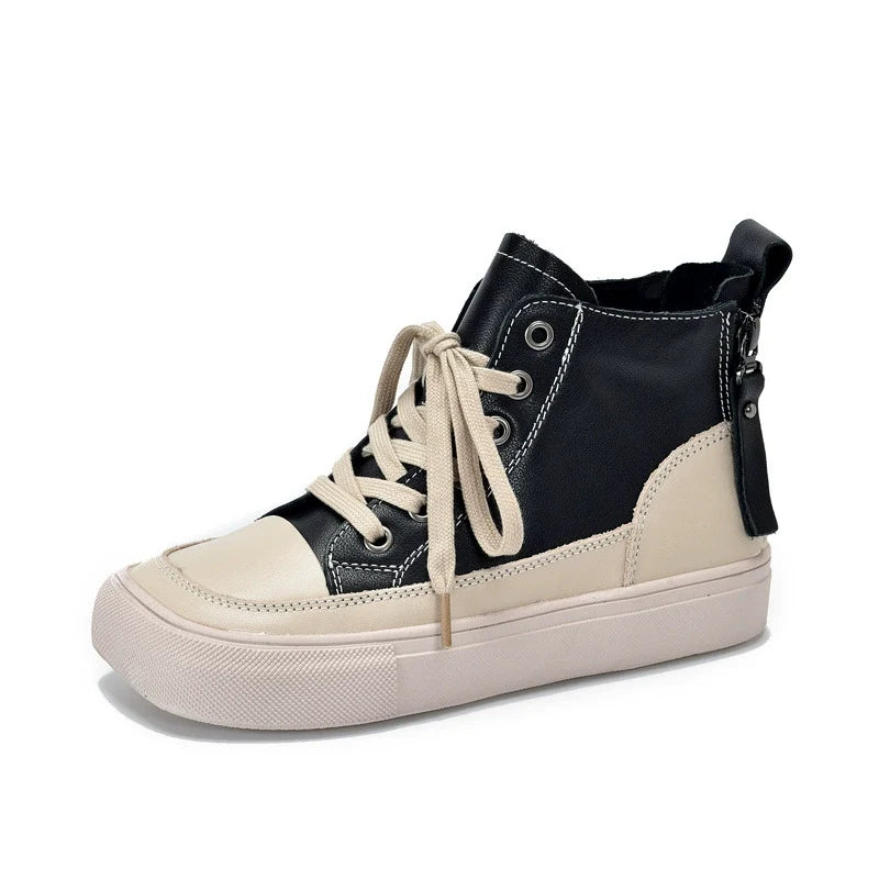 Women Retro Leather Patchwork Versatile Platform Shoes