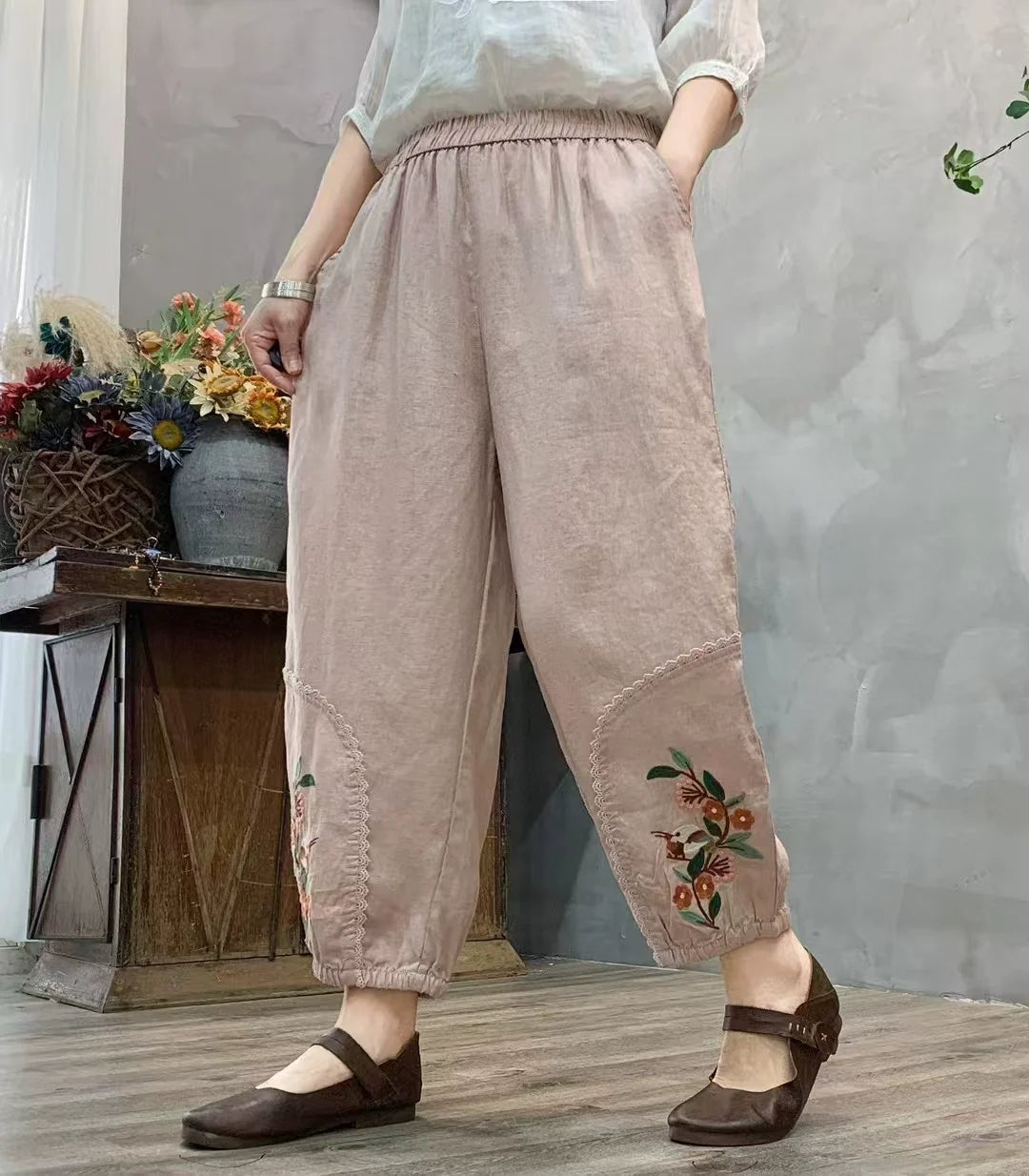 Autumn Linen Embroidered Patchwork Loose Casual Harem Pants