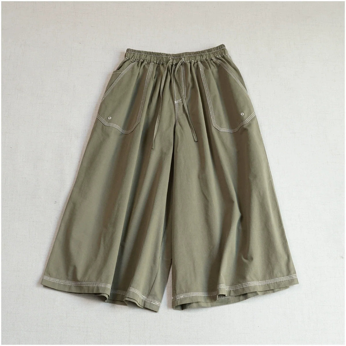 Retro Cotton Versatile Loose Elastic Waist Lace-Up Pockets Pants