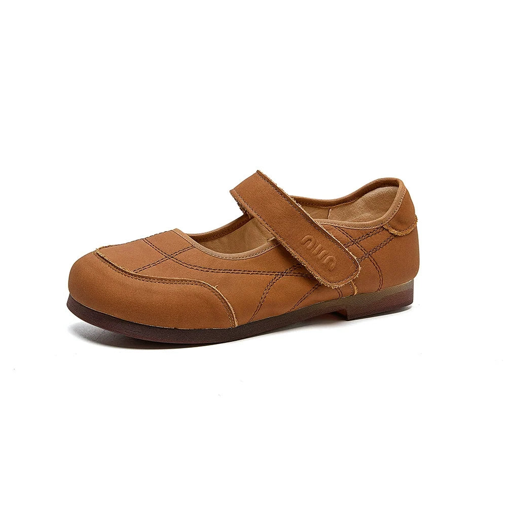 Women Retro Leather Round Toe One Straped Velcro Flat Shoes