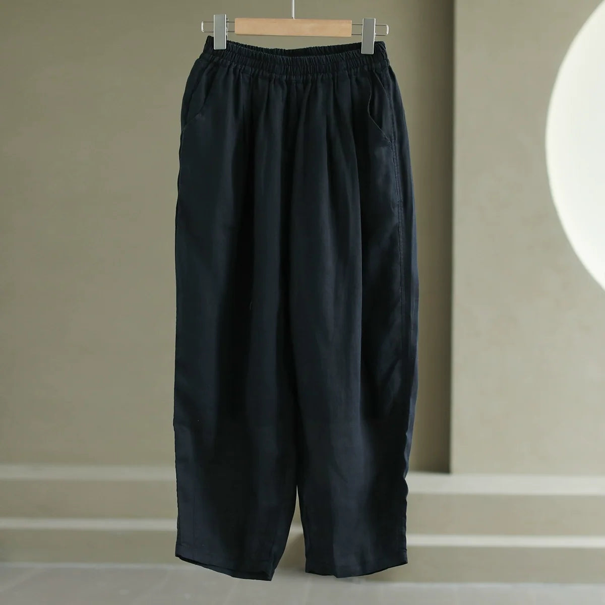 Babakud Women Ramie Casual Loose Elastic Waist Pants
