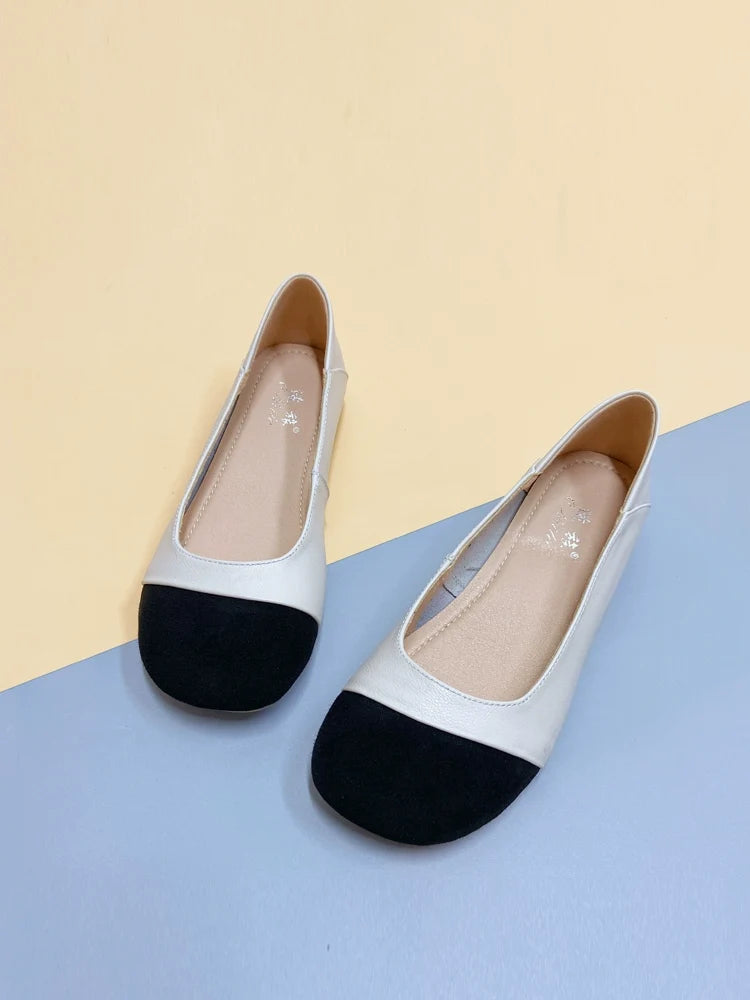 Women Spring Leather Wide Round Toe Patchwork Soft Sole Flats