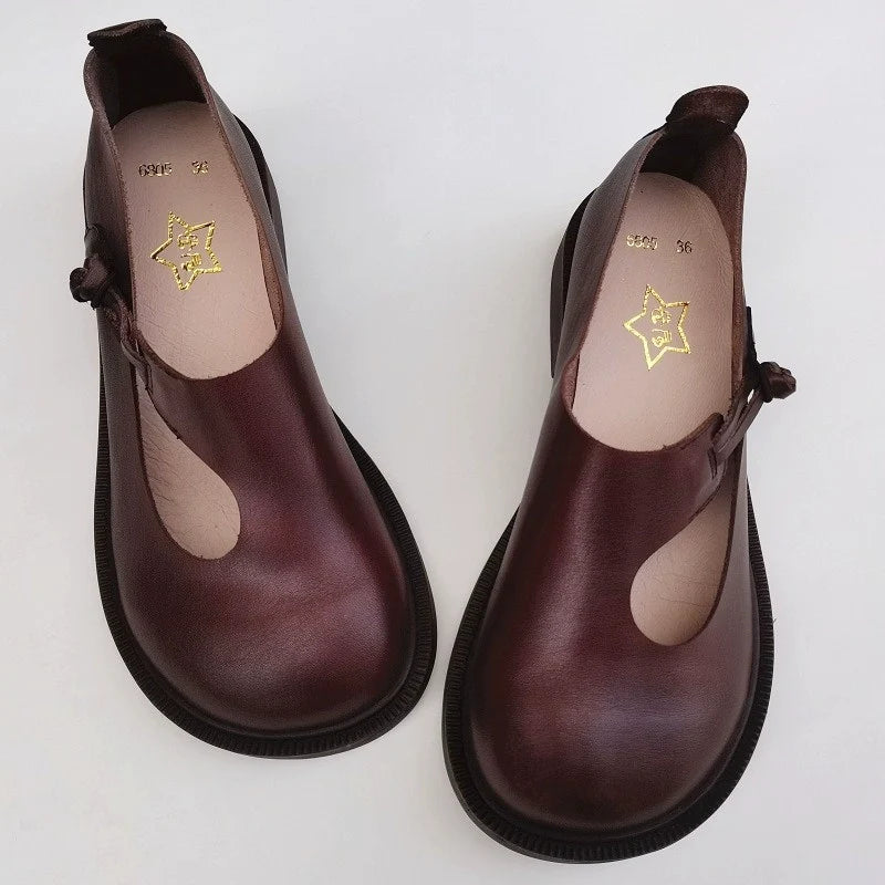 Spring Retro Leather Wide Round Toe Breathable Flats Shoes