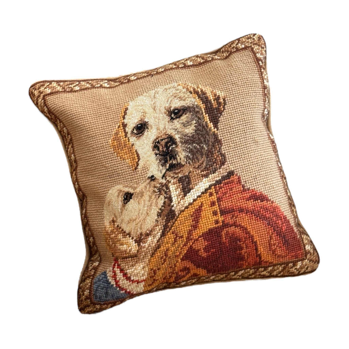 Vintage Needlepoint Throw Pillow Regal Dogs Portrait