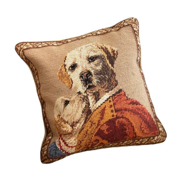 Vintage Needlepoint Throw Pillow Regal Dogs Portrait