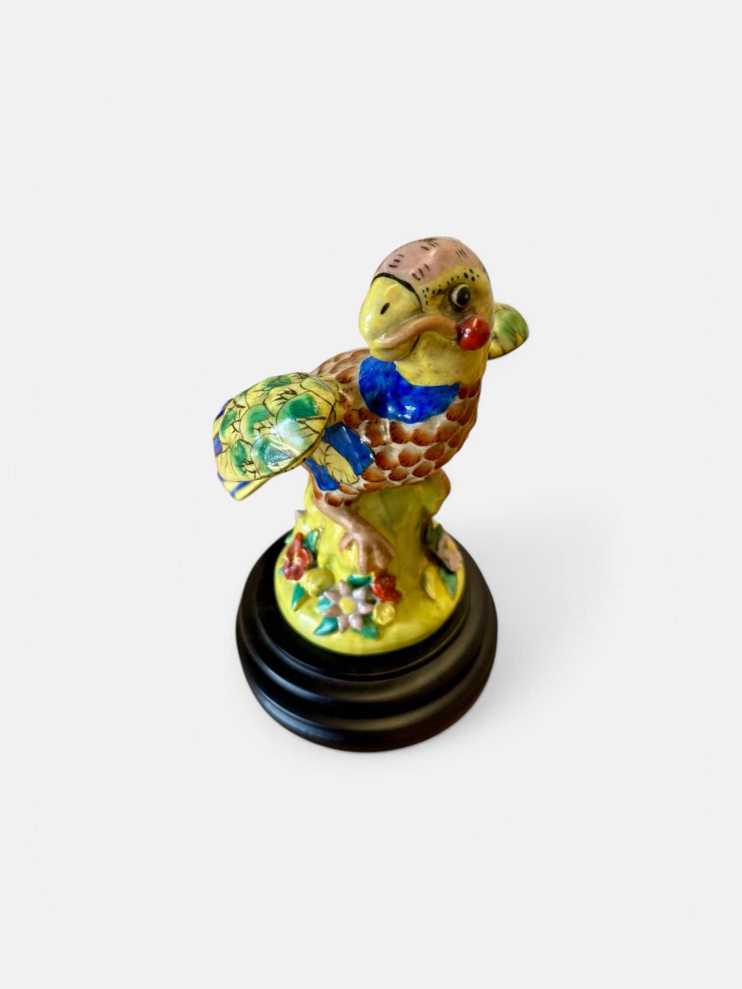 Vintage Hand-Painted Italian Majolica Parrot Figurine on Stand