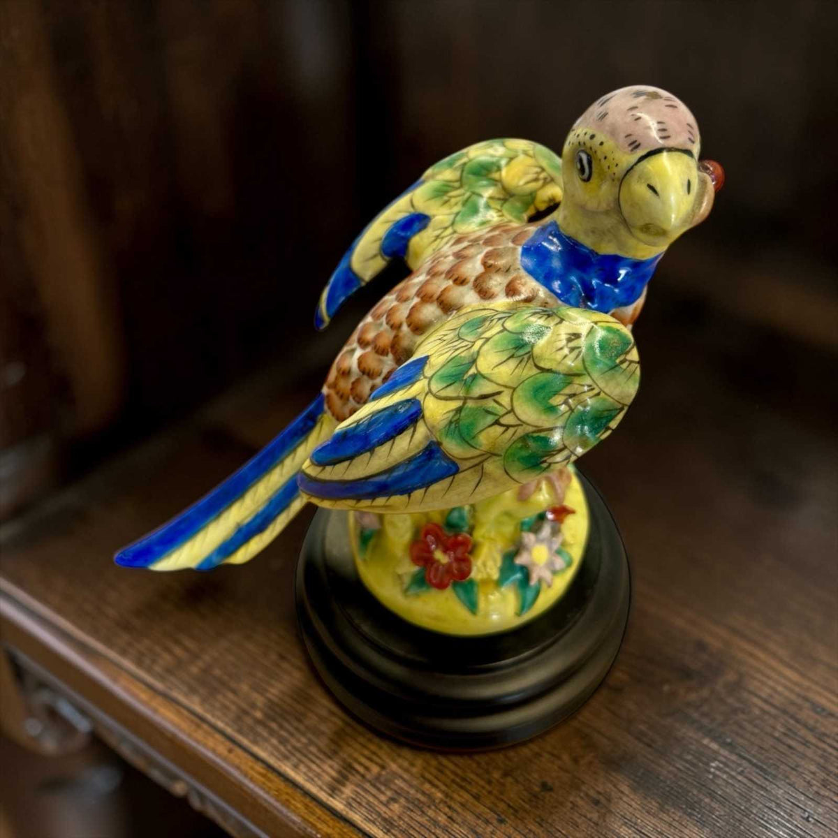 Vintage Hand-Painted Italian Majolica Parrot Figurine on Stand