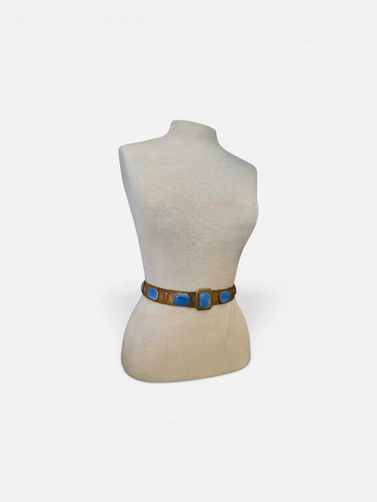 Antique Edwardian to Art Deco Gilt Mesh Belt with Blue & Pink Glass Cabochons