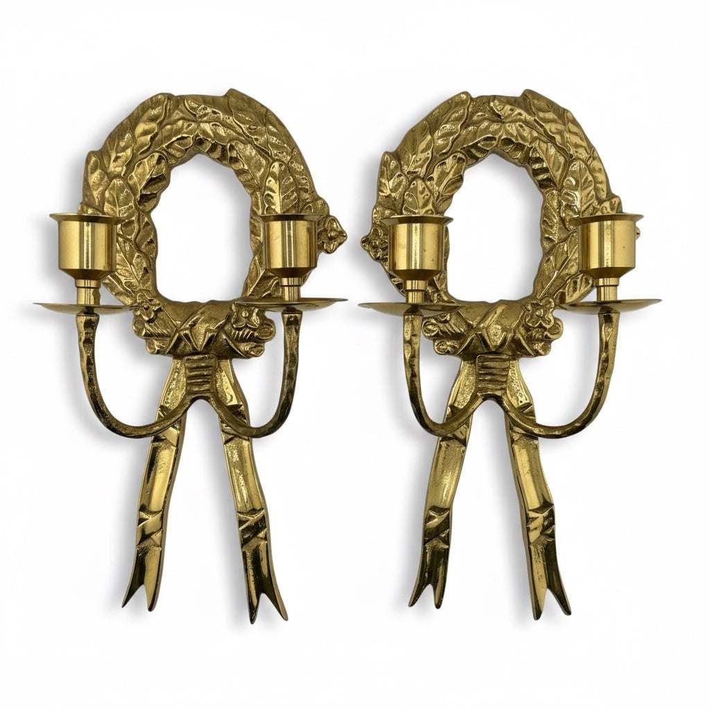 Vintage Pair of Brass Wreath Candle Sconces