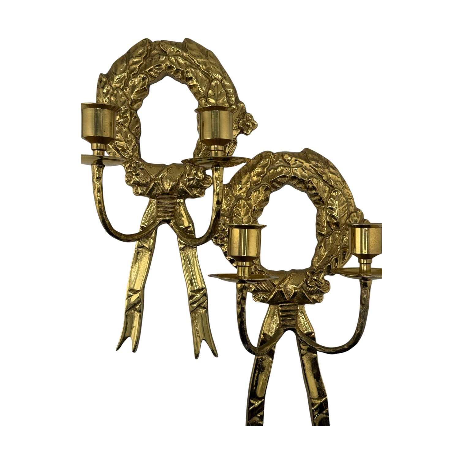 Vintage Pair of Brass Wreath Candle Sconces