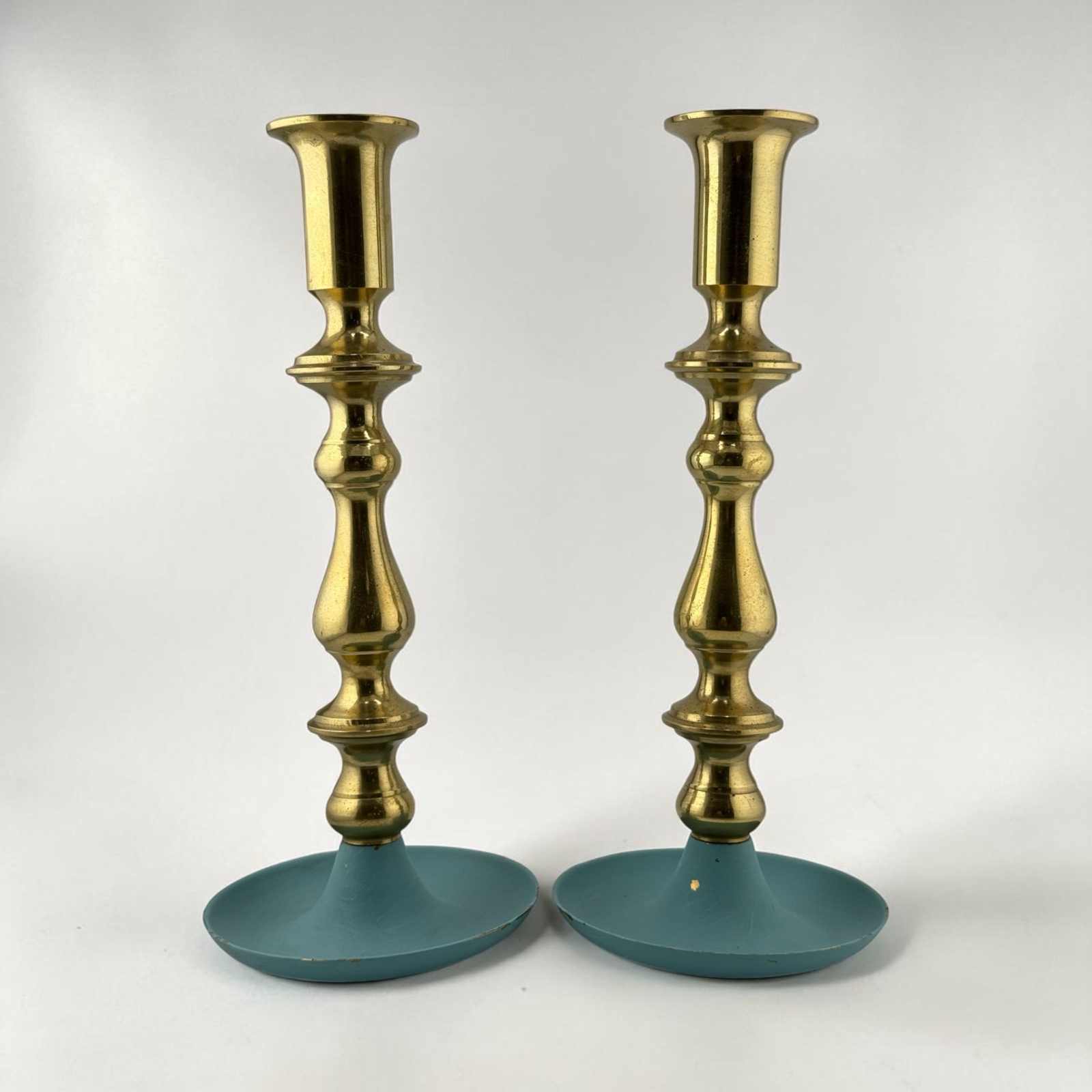 Pair of Vintage Brass and Teal Candlesticks