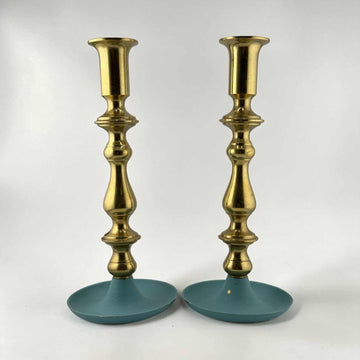 Pair of Vintage Brass and Teal Candlesticks