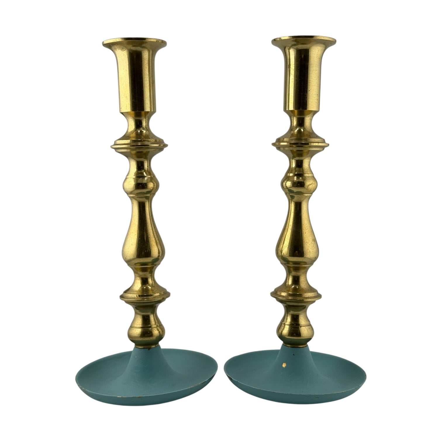 Pair of Vintage Brass and Teal Candlesticks