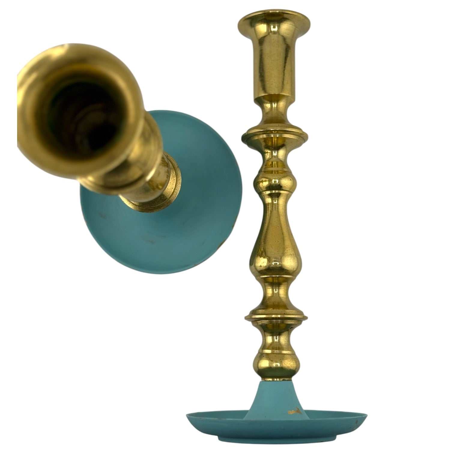 Pair of Vintage Brass and Teal Candlesticks