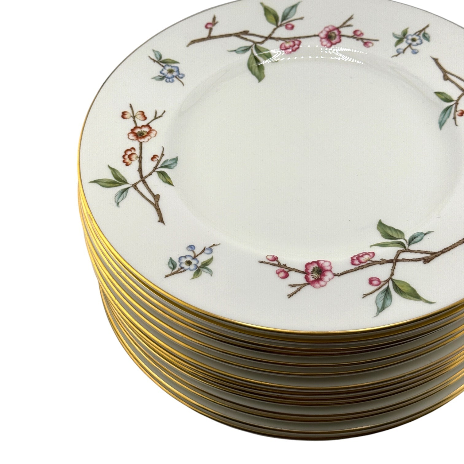Vintage Floral Branch Dinner Plates | Set of 4 | Gold Rim Cherry Blossom Pattern