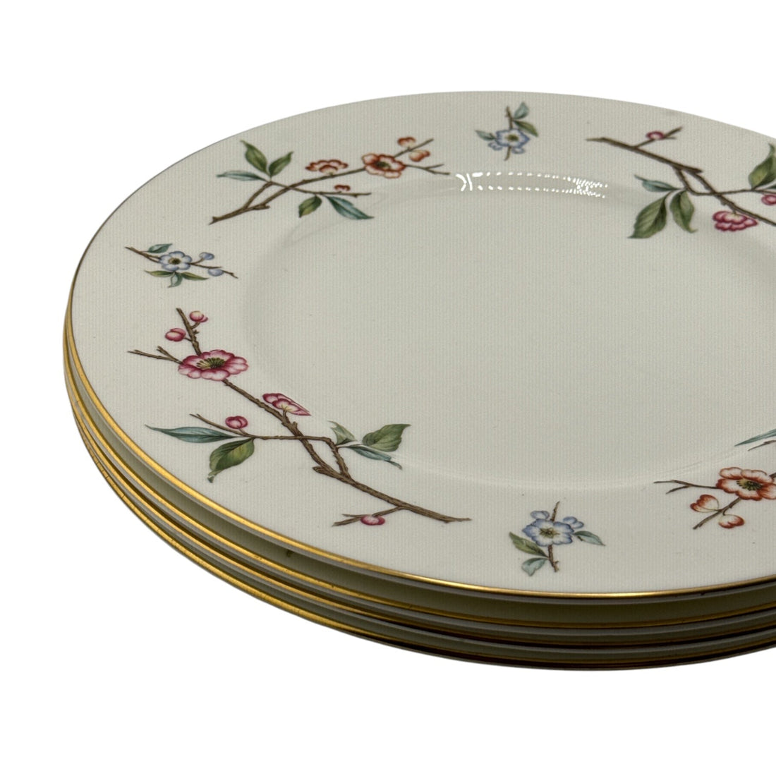 Vintage Floral Branch Dinner Plates | Set of 4 | Gold Rim Cherry Blossom Pattern
