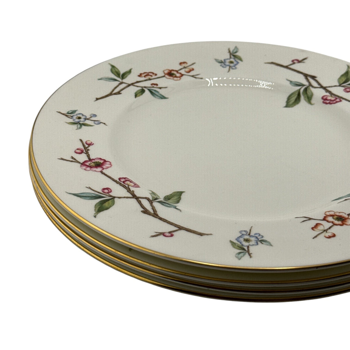 Vintage Floral Branch Dinner Plates | Set of 4 | Gold Rim Cherry Blossom Pattern