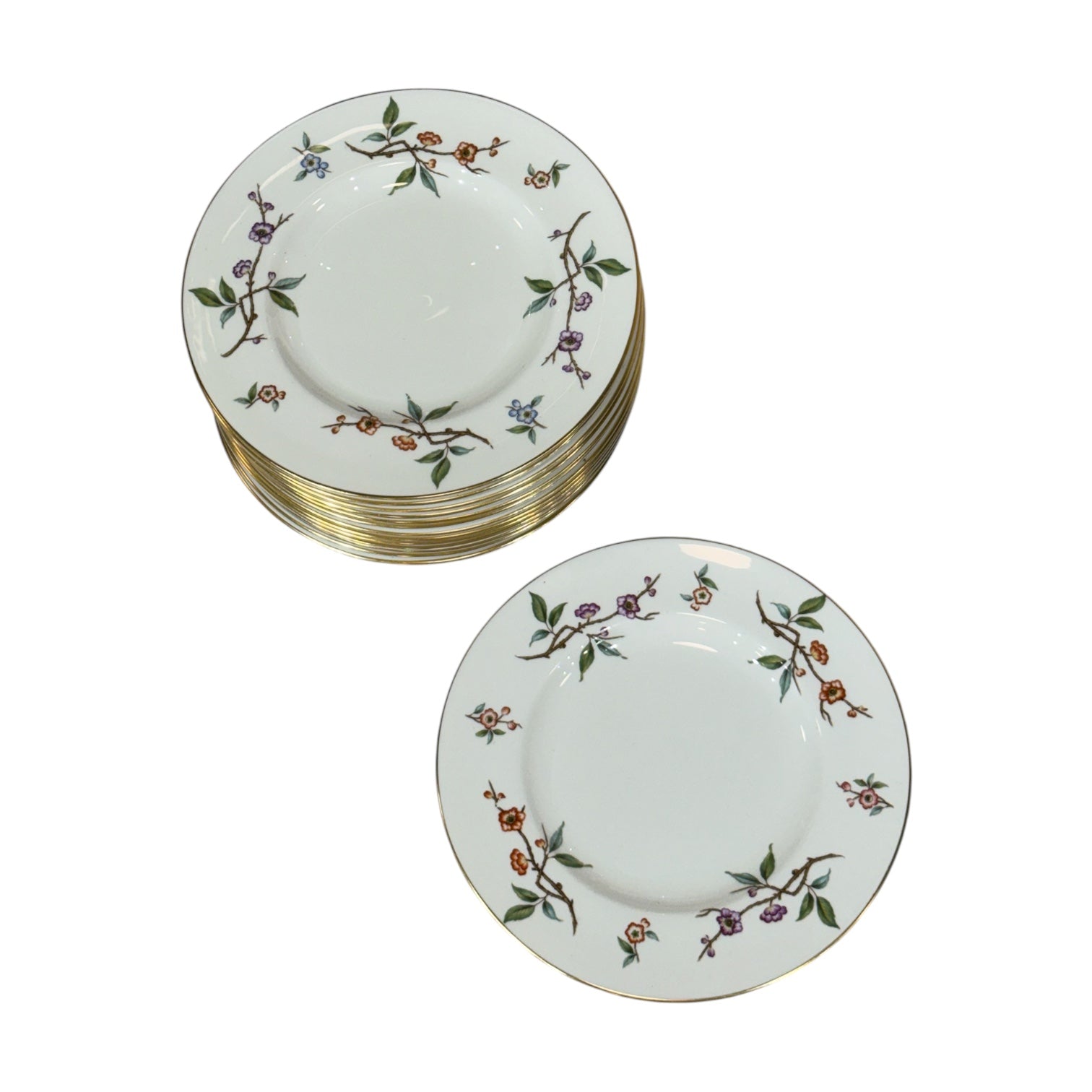 Vintage Floral Branch Salad Plates | Set of 4 | Gold Rim Cherry Blossom Pattern
