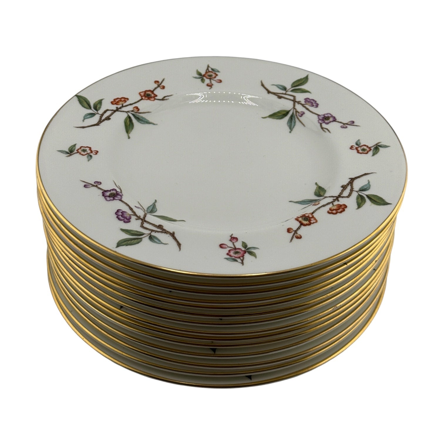 Vintage Floral Branch Salad Plates | Set of 4 | Gold Rim Cherry Blossom Pattern