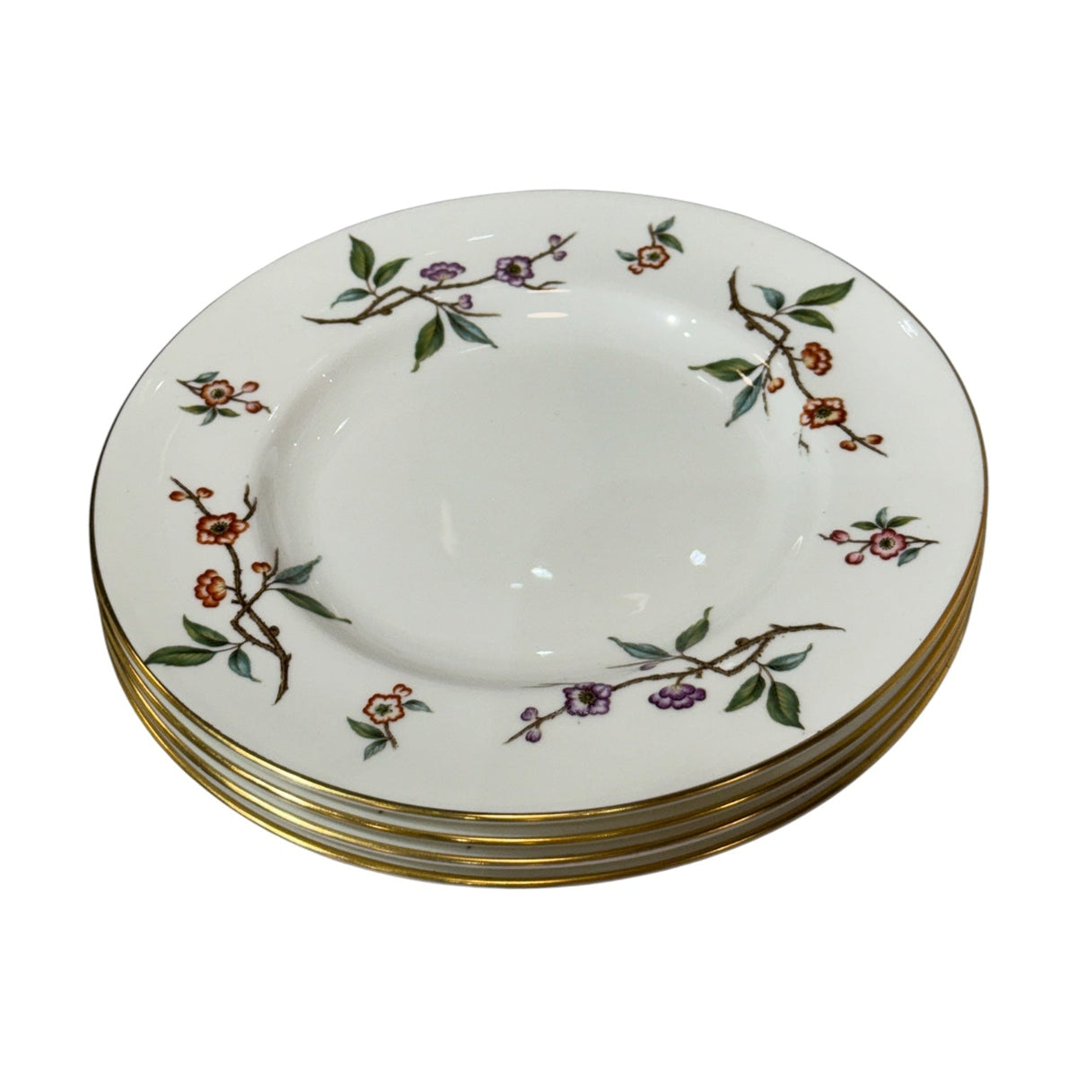 Vintage Floral Branch Salad Plates | Set of 4 | Gold Rim Cherry Blossom Pattern