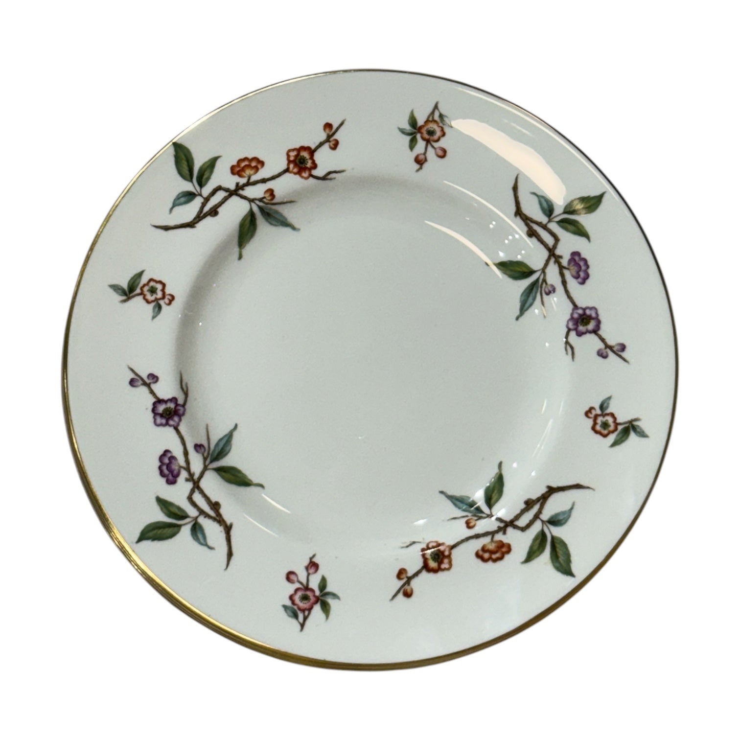 Vintage Floral Branch Salad Plates | Set of 4 | Gold Rim Cherry Blossom Pattern