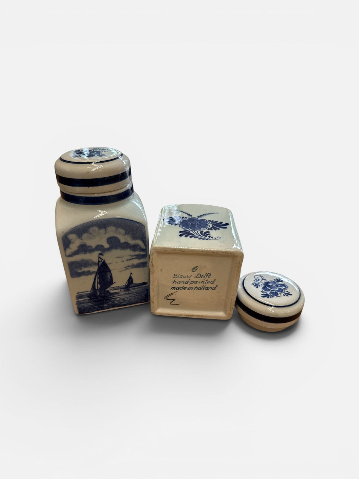 Vintage Hand-Painted Delft Blue Porcelain Jar Pair ¨C Dutch Delft Blauw Lidded Canister