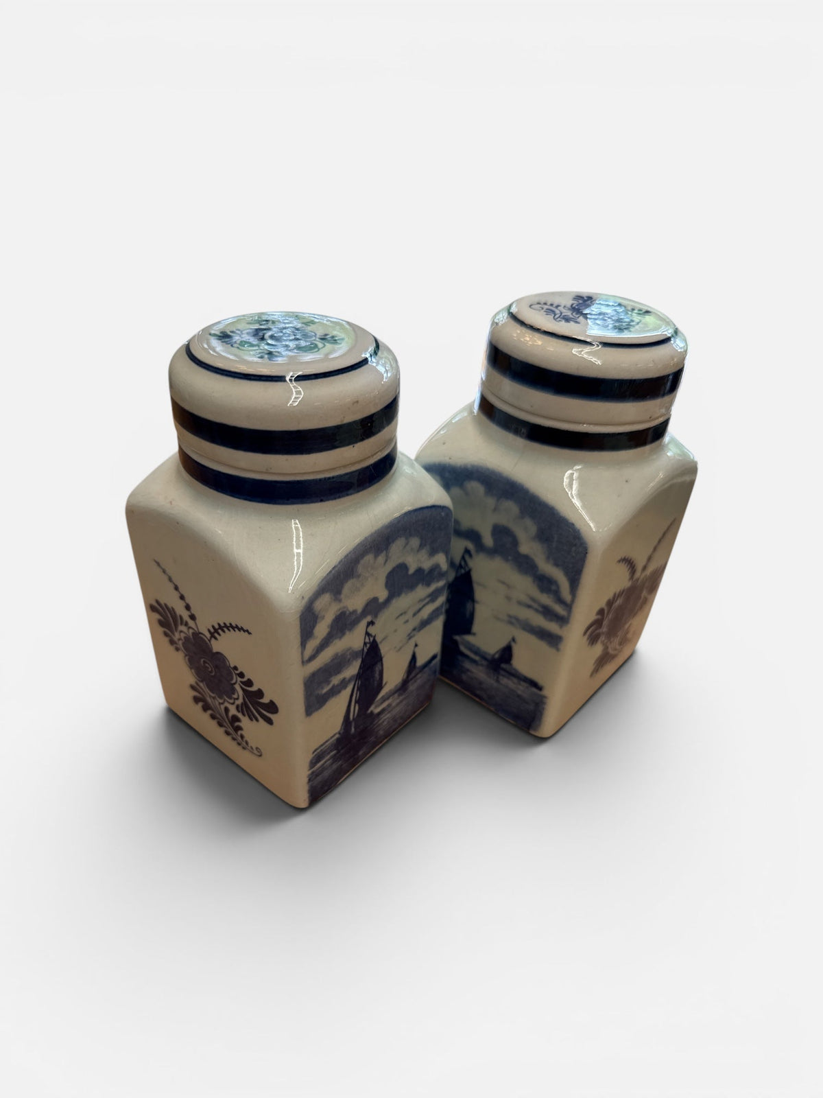 Vintage Hand-Painted Delft Blue Porcelain Jar Pair ¨C Dutch Delft Blauw Lidded Canister