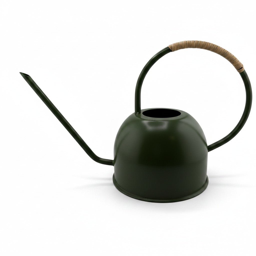 Green Enamel Watering Can with Rattan-Wrapped Handle