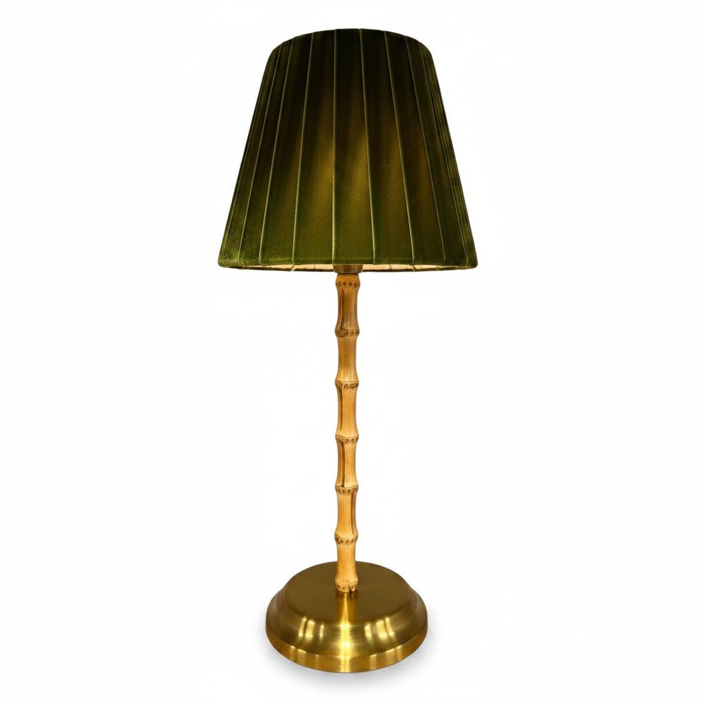 Bamboo Rechargeable Lamp with Velvet Green Shade