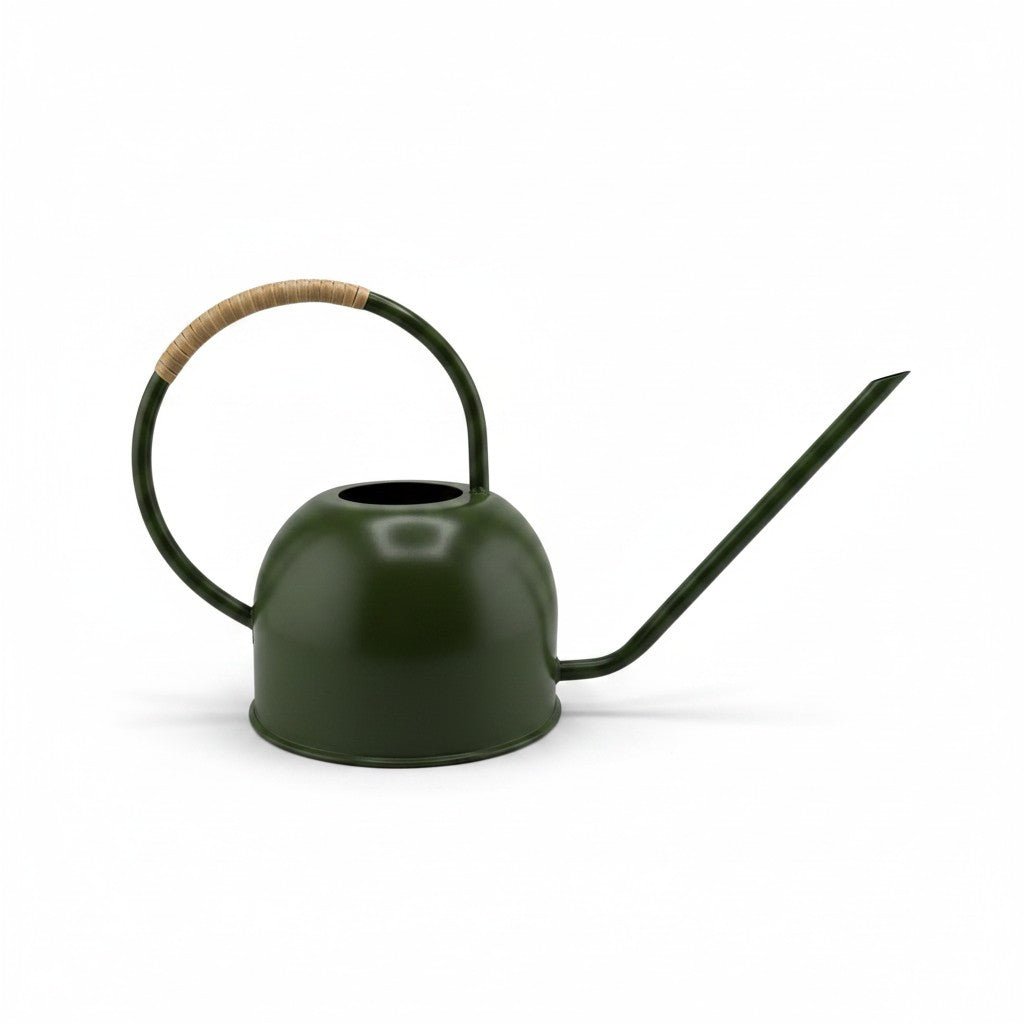 Green Enamel Watering Can with Rattan-Wrapped Handle