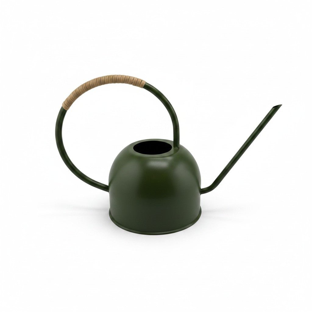 Green Enamel Watering Can with Rattan-Wrapped Handle
